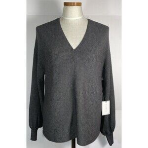 1. STATE Womens Gray Ribbed Bishop Sleeve Heather V-Neck Sweater L NWT New